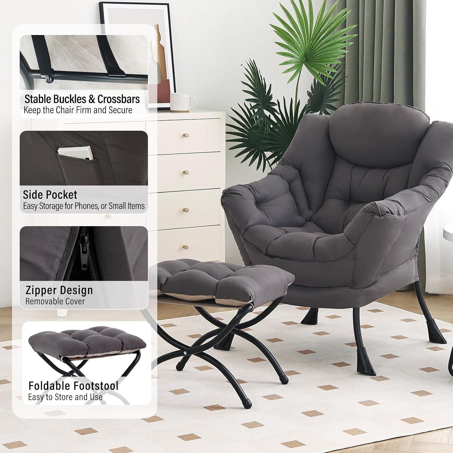 Dark gray padded lounge chair with matching ottoman in a bright room; inset close-ups show buckles, a side pocket, a zipper