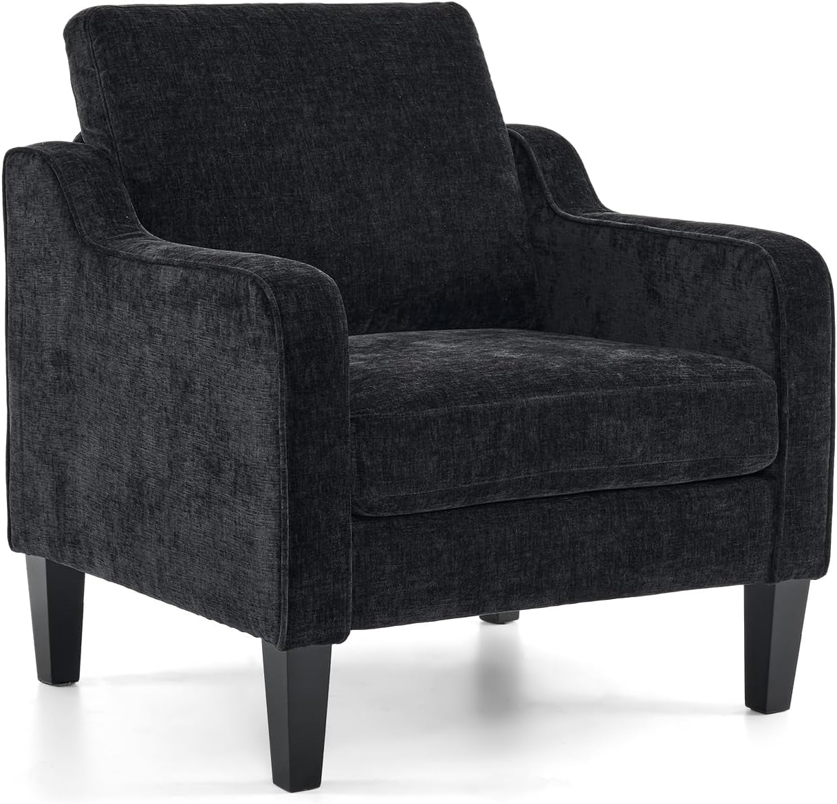 Three-quarter view of a black textured fabric accent chair with removable seat cushion and black legs.