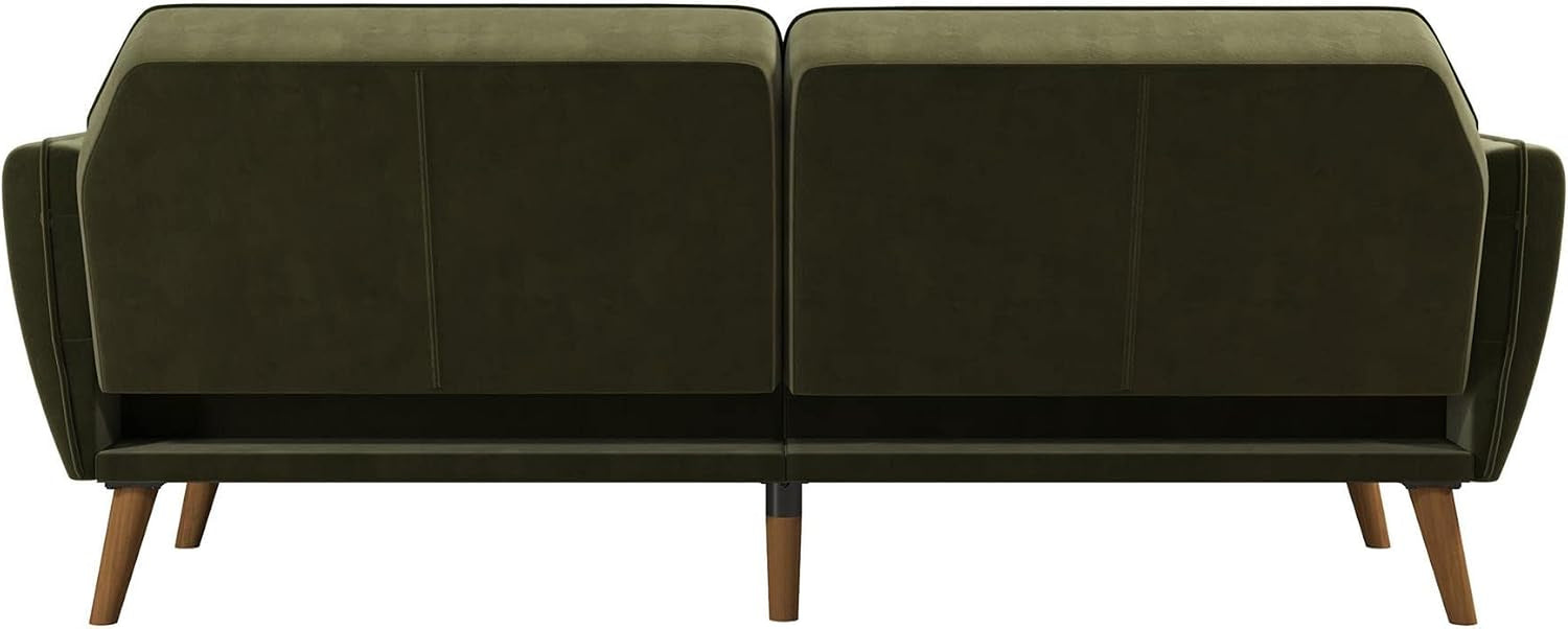 Rear view of a green velvet futon showing two back panels and tapered wooden legs.