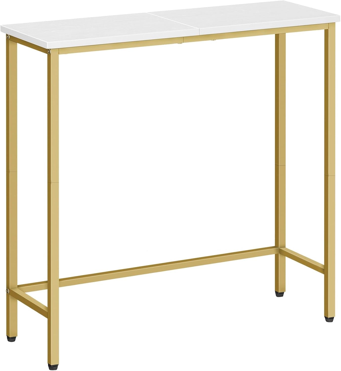 Narrow console table with white top and gold metal frame, shown from a slight front angle.
