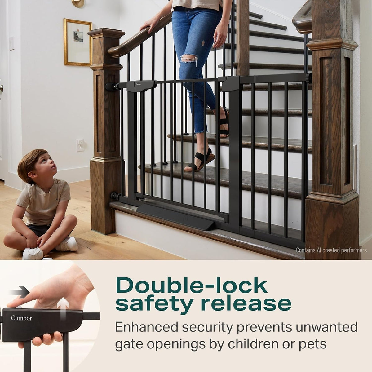 Black metal safety gate installed at the base of a staircase with a woman stepping down and a child sitting on the floor