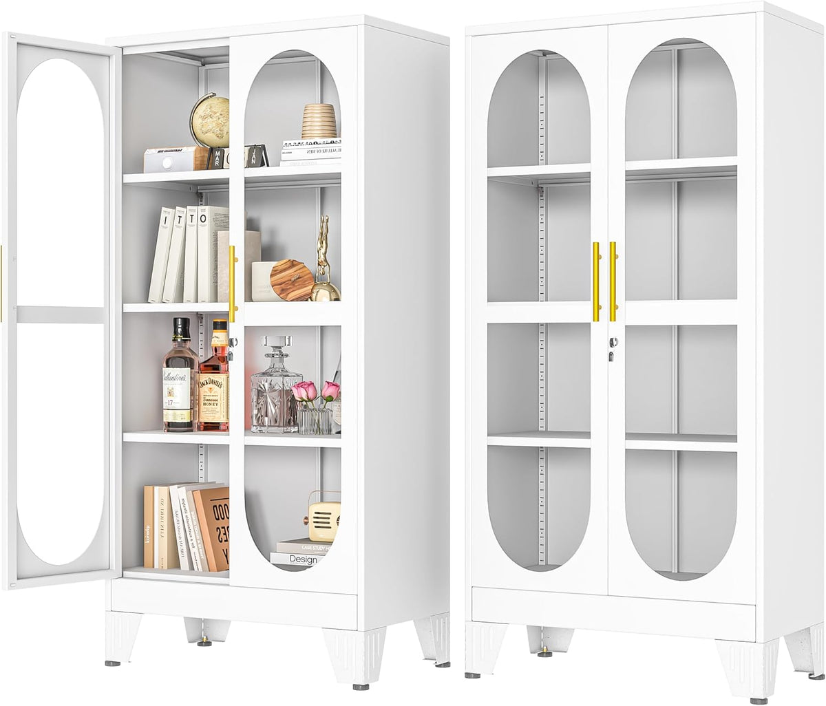 Two white cabinets side‑by‑side on a white background, left with door open showing styled shelves, right closed.