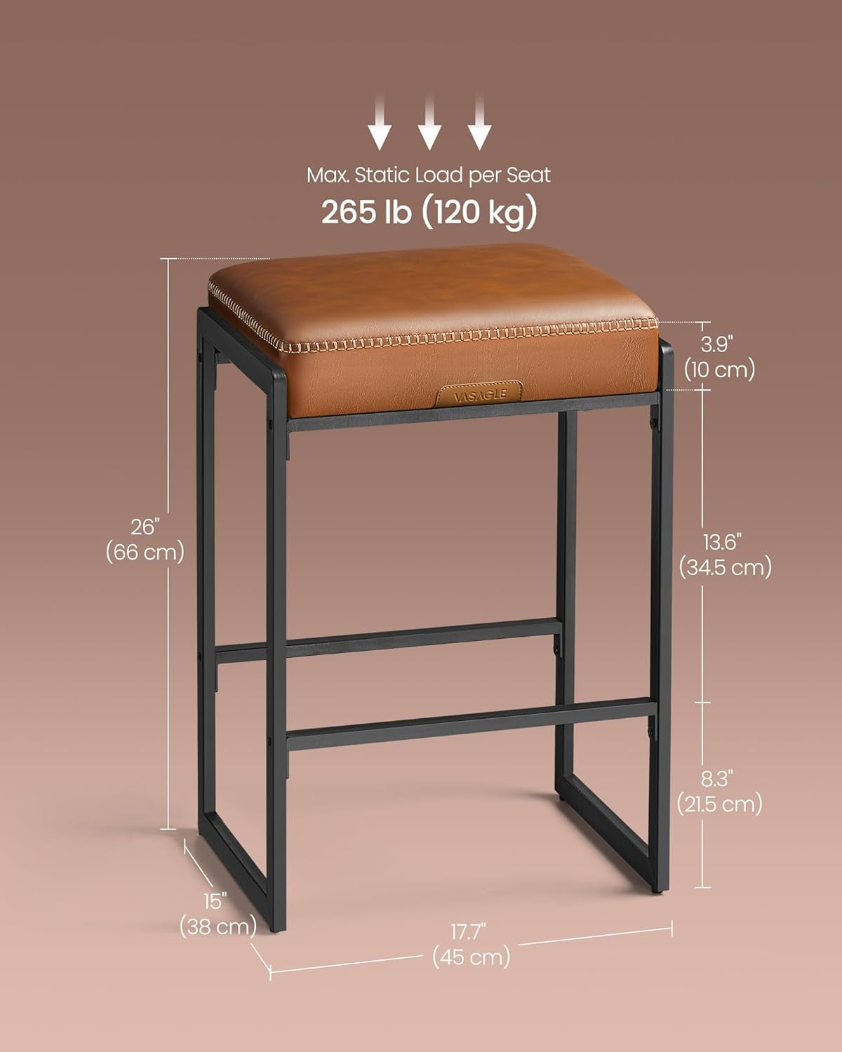 Single counter-height stool with caramel cushion and black metal legs shown with dimension overlays