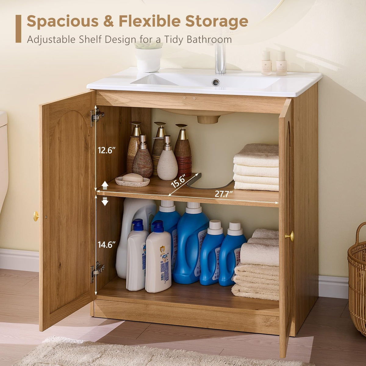Open cabinet interior showing adjustable shelf, under-sink plumbing cutout and storage with labeled shelf heights