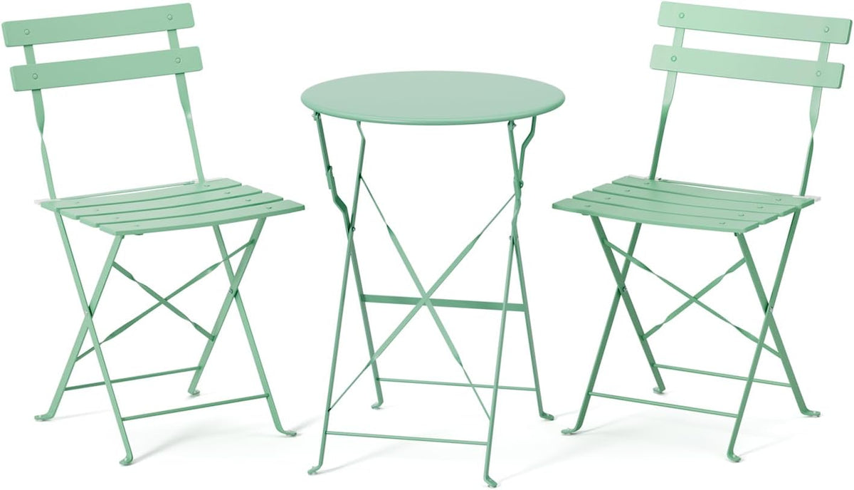 Mint green folding bistro table with two matching mint chairs shown without cushions on white background.