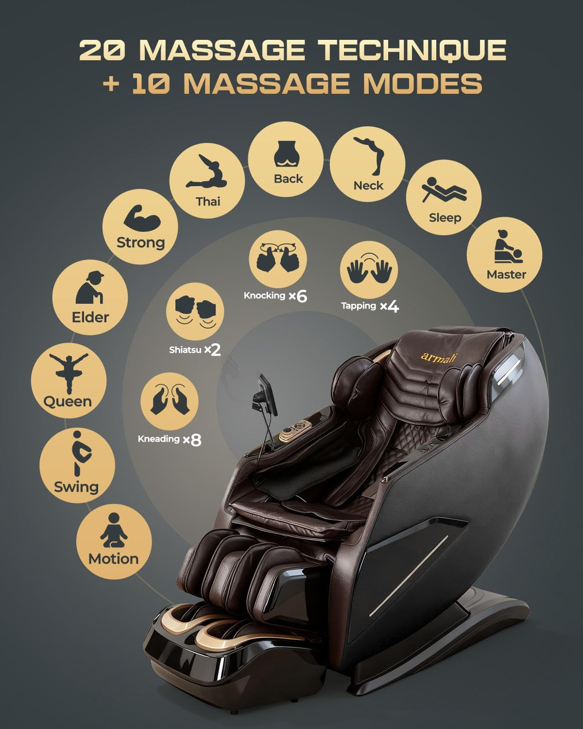 Three-quarter angle of brown massage chair with overlay icons depicting 20 massage techniques and 10 automatic modes.