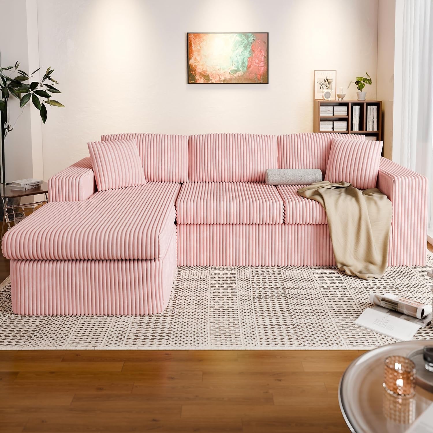 105" Boneless Couches for Living Room, Sectional Couches Modular Sofa with L-Shaped Chaise, Memory Foam Comfy Cloud Couch with Plush Corduroy Fabric, No Assembly Required, Pink