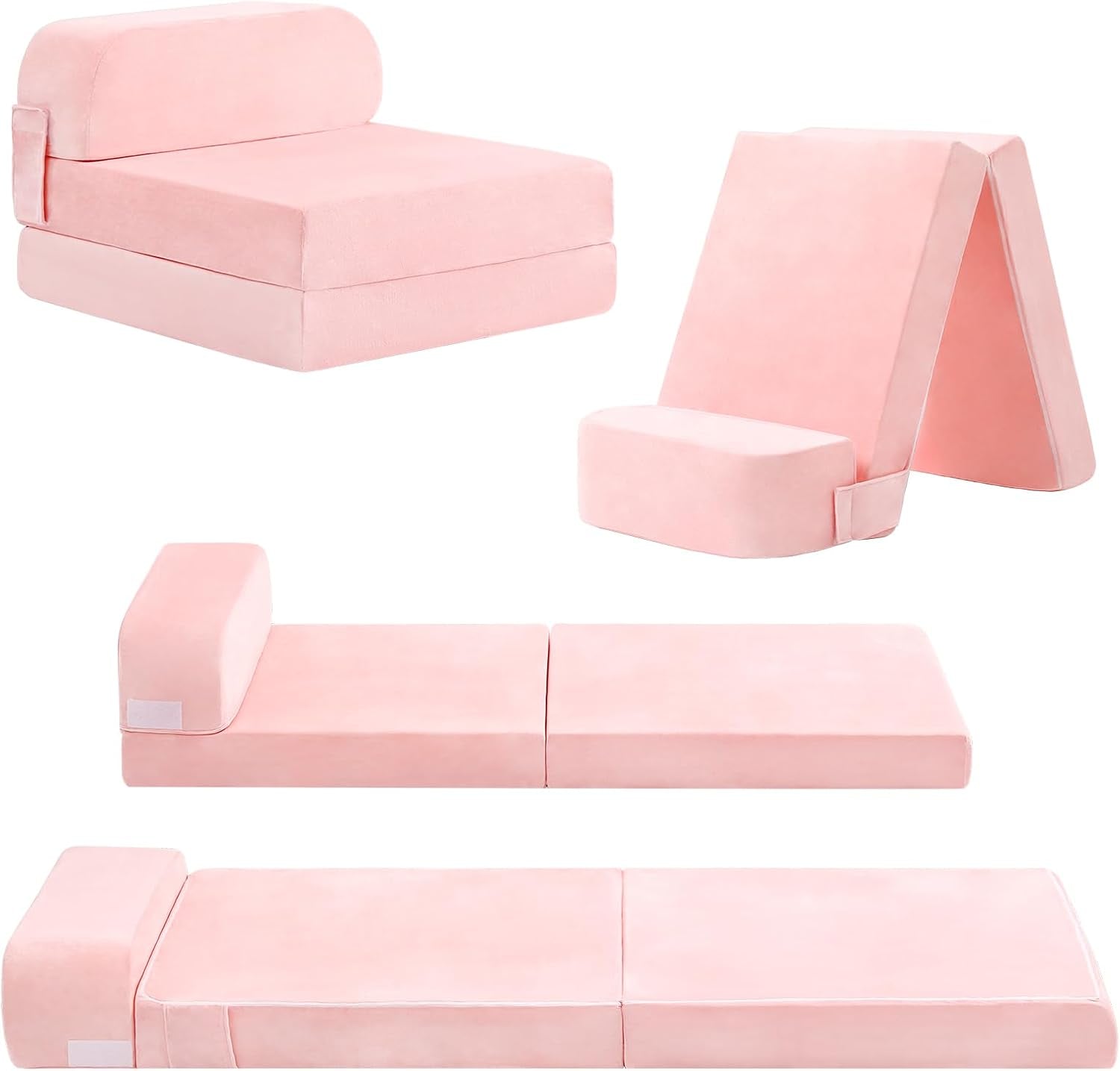 Pink folding kids sofa displayed as compact seat, A-frame seat, two-panel mat, and fully flat sleeping surface.