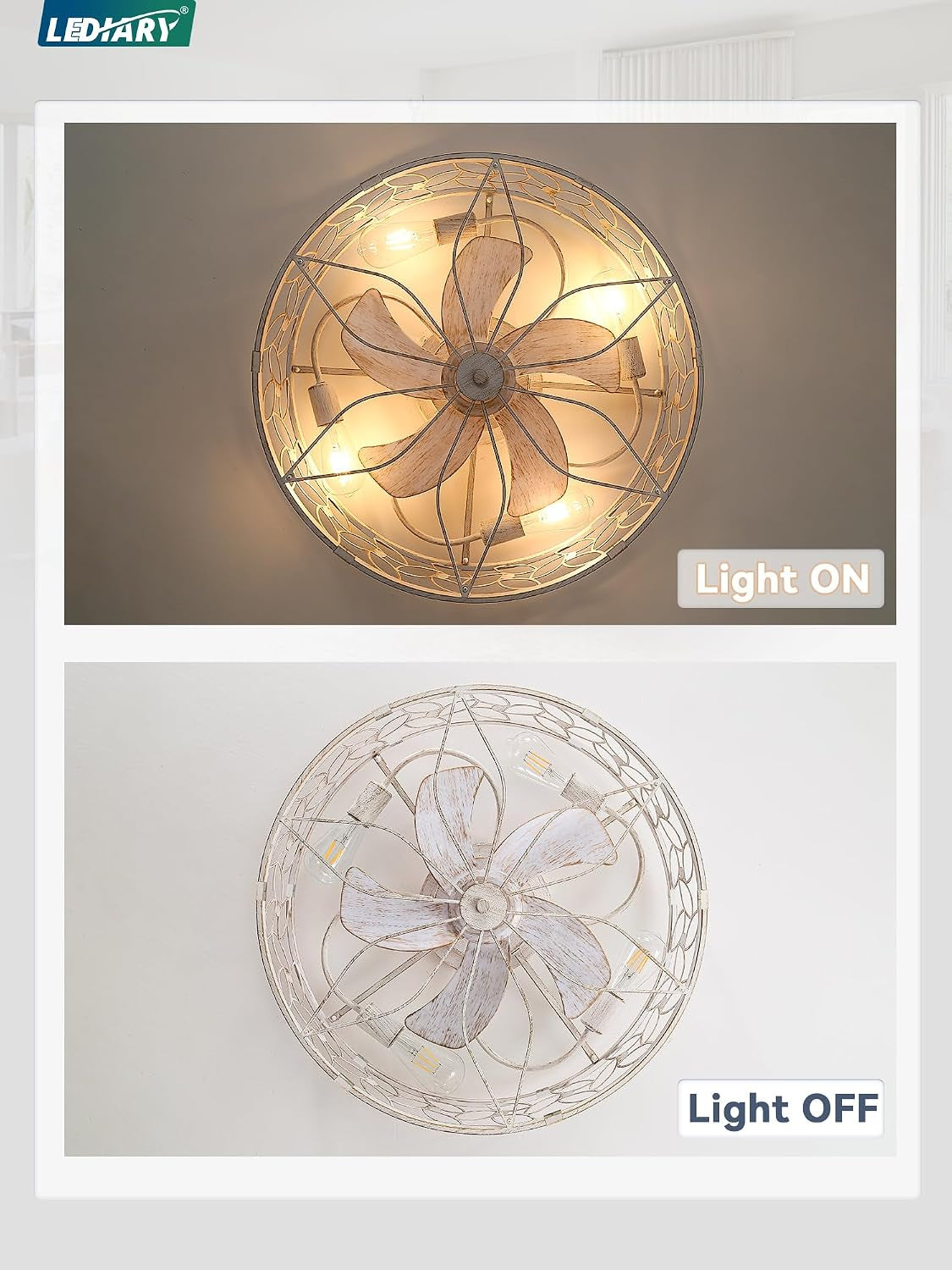 Top-down paired images of the caged ceiling fan showing lights on and lights off and the five-blade arrangement