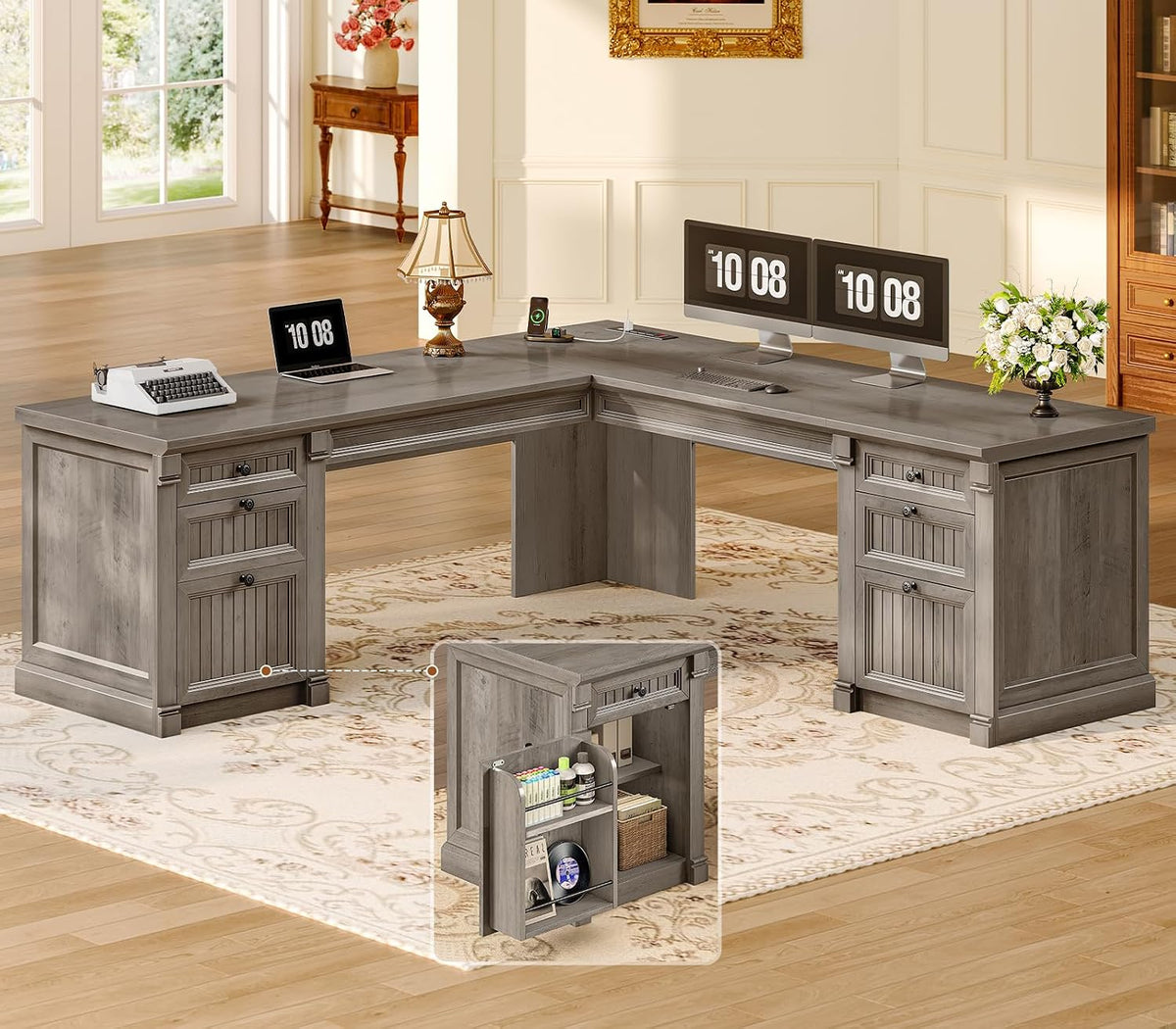 Gray L-shaped desk with dual monitors, lamp and typewriter; inset shows open side cabinet shelves.
