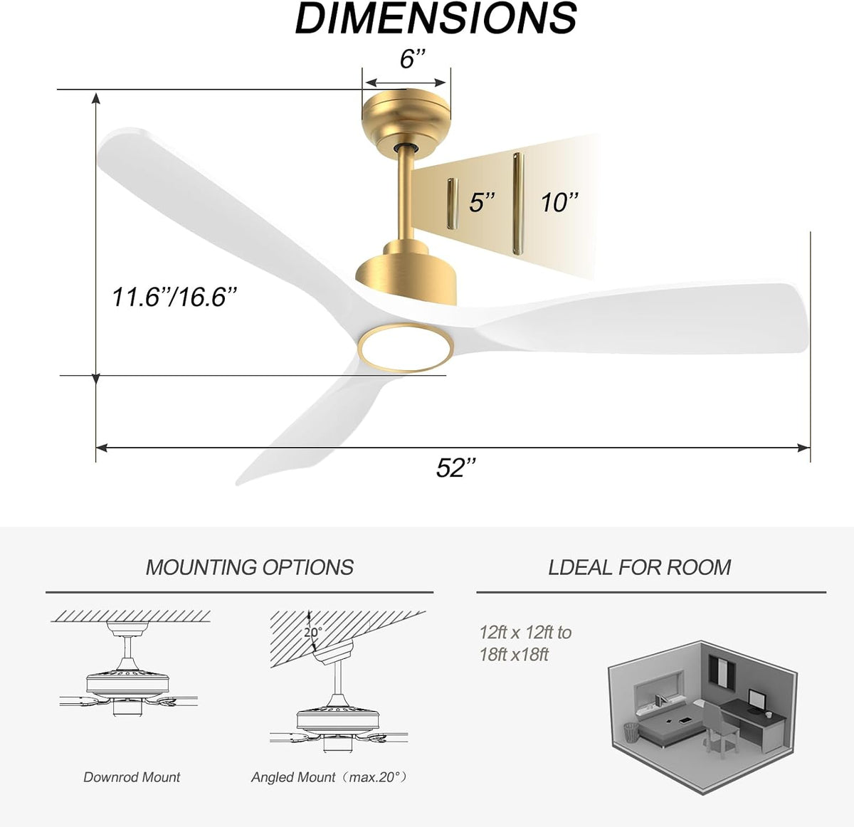 Top-down dimension diagram of the three-blade fan with mounting option illustrations and suggested room graphic