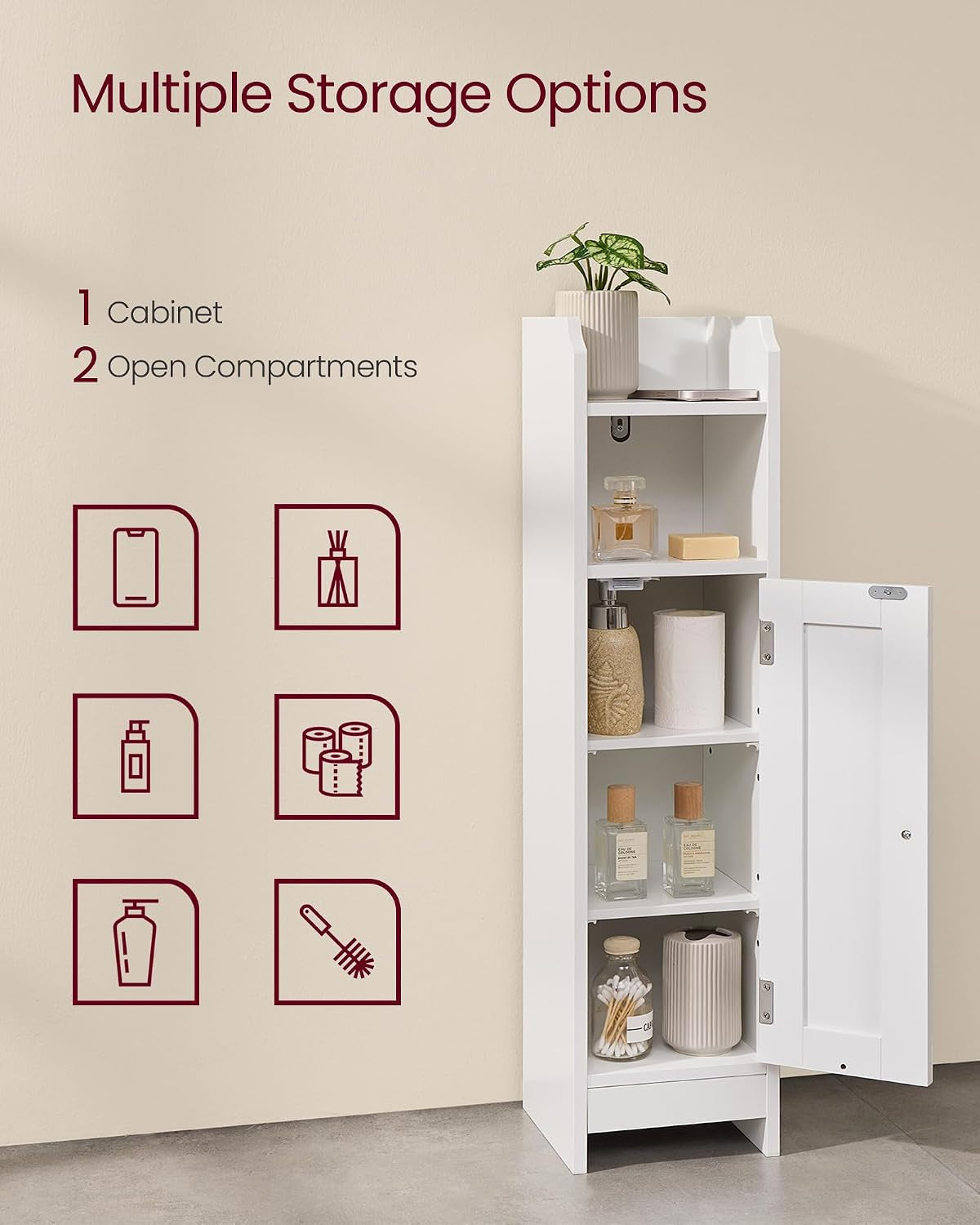 Open white cabinet showing multiple storage compartments with toiletries on shelves and graphic storage icons.