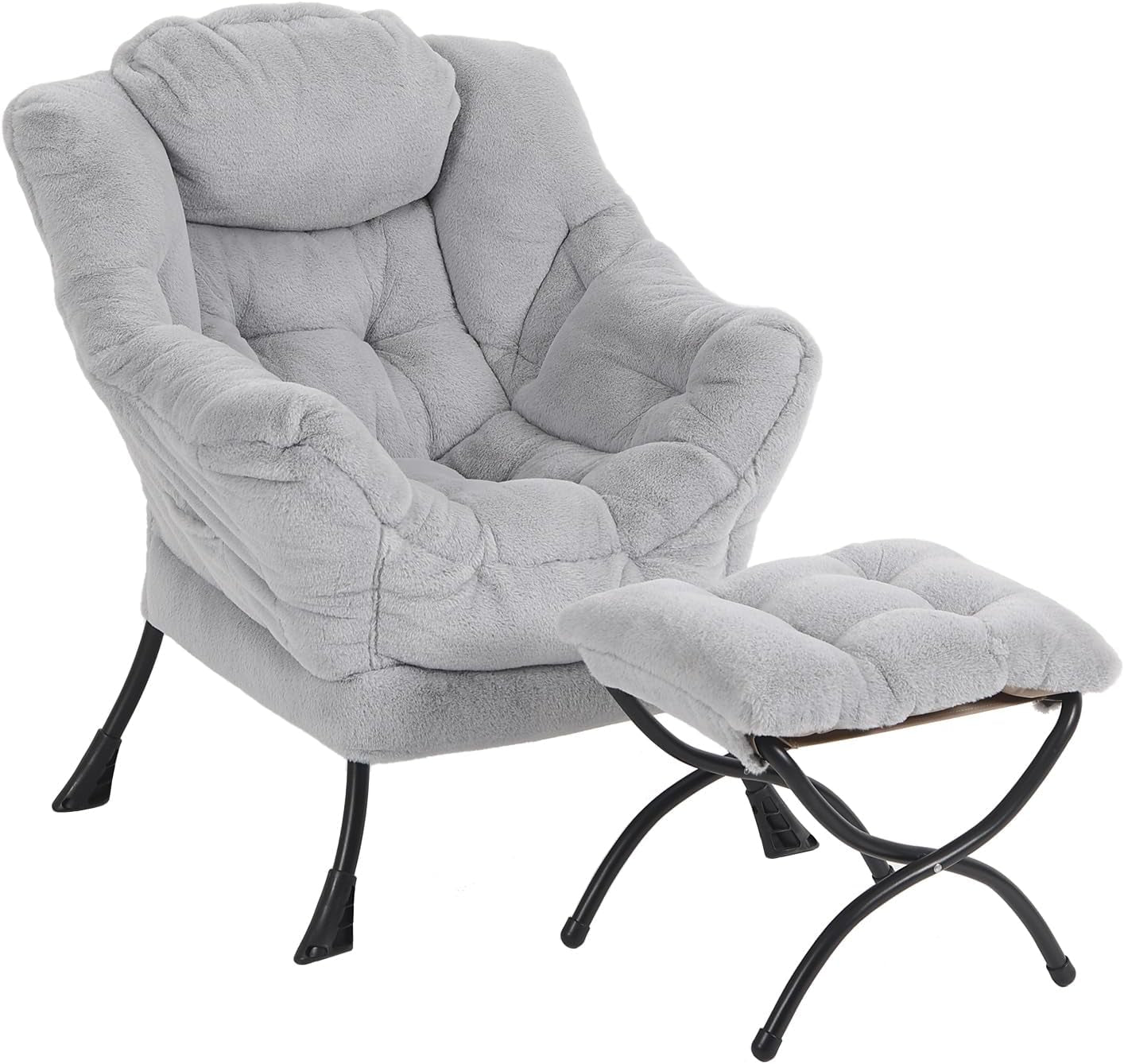 Light gray plush lounge chair paired with a matching cushioned ottoman on curved metal legs