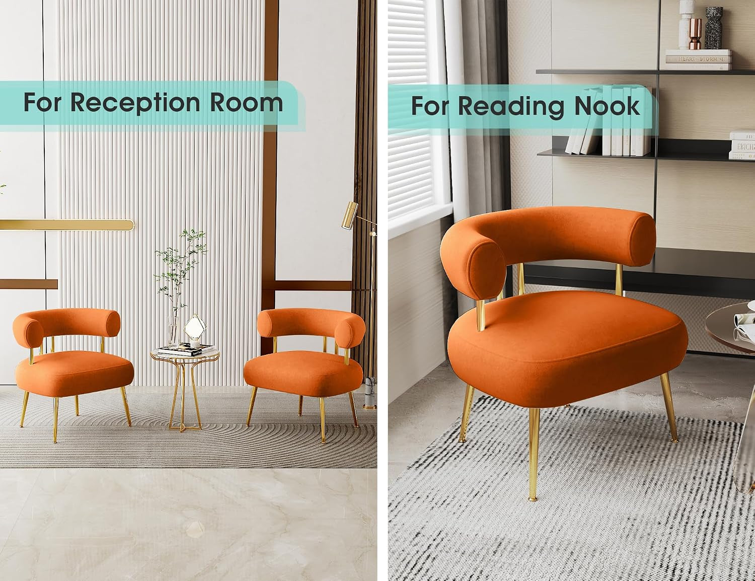 Two orange accent chairs shown in a reception-style setup and a single chair in a reading nook arrangement