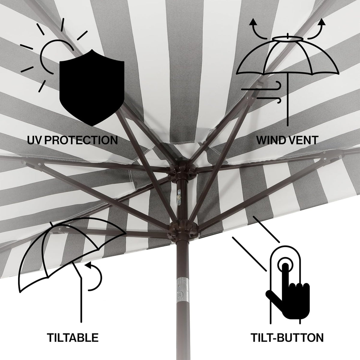Underside view showing striped canopy ribs, wind vent and tilt-button mechanism graphics on the canopy.
