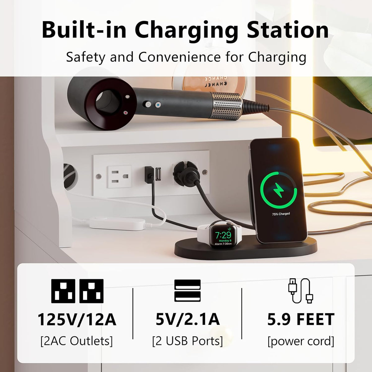 Close-up of the vanity's integrated desktop power strip showing two AC outlets and two USB ports with devices plugged in