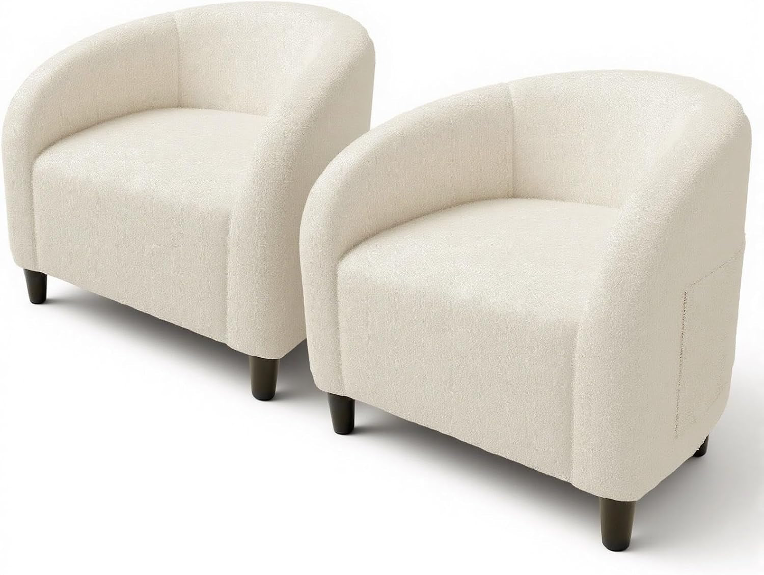 Two beige boucle barrel armchairs shown from a front three-quarter angle on a white background.
