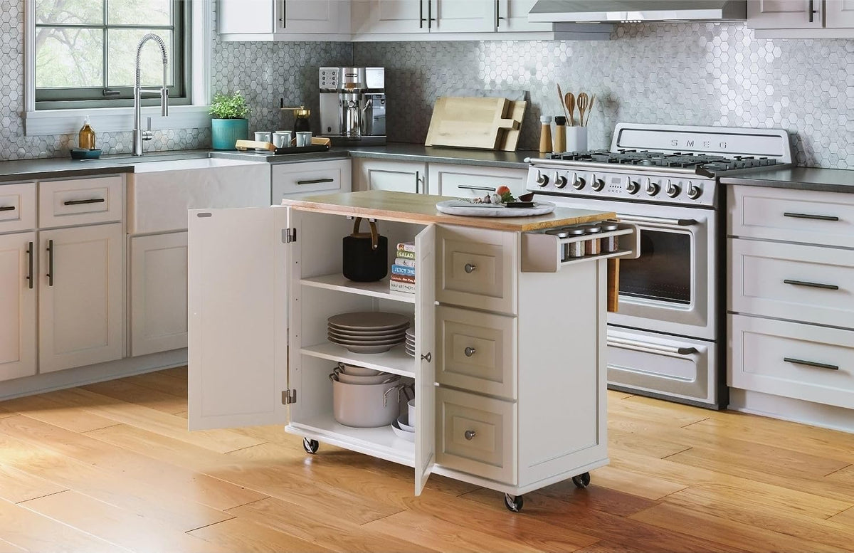 Off-white kitchen island cart in a kitchen with doors open showing two adjustable interior shelves and three drawers