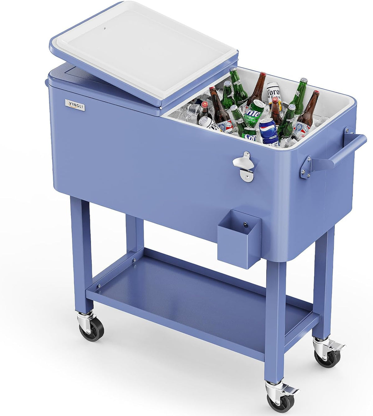 Blue rolling cooler cart on wheels with open lid, bottles in ice, side bottle opener and lower shelf.