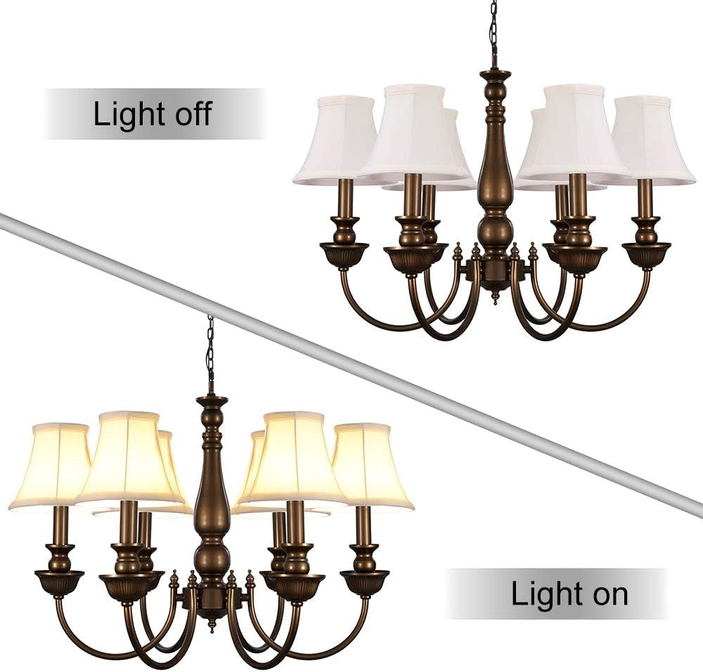 Split view chandelier with six clip-on shades showing light off on top and warm light on bottom