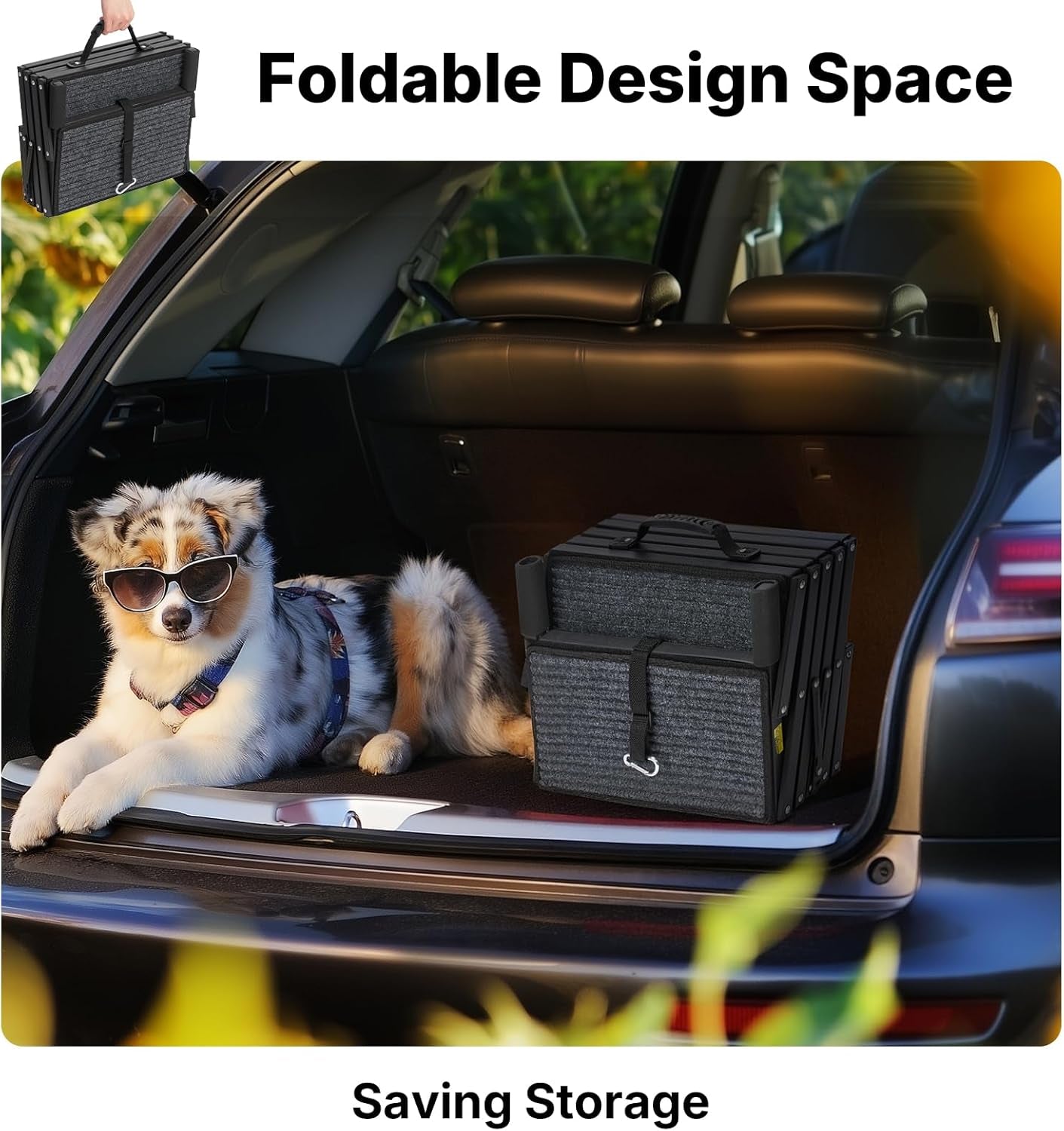 Small dog lounging in car trunk next to folded black dog steps stored upright, showing compact folded size