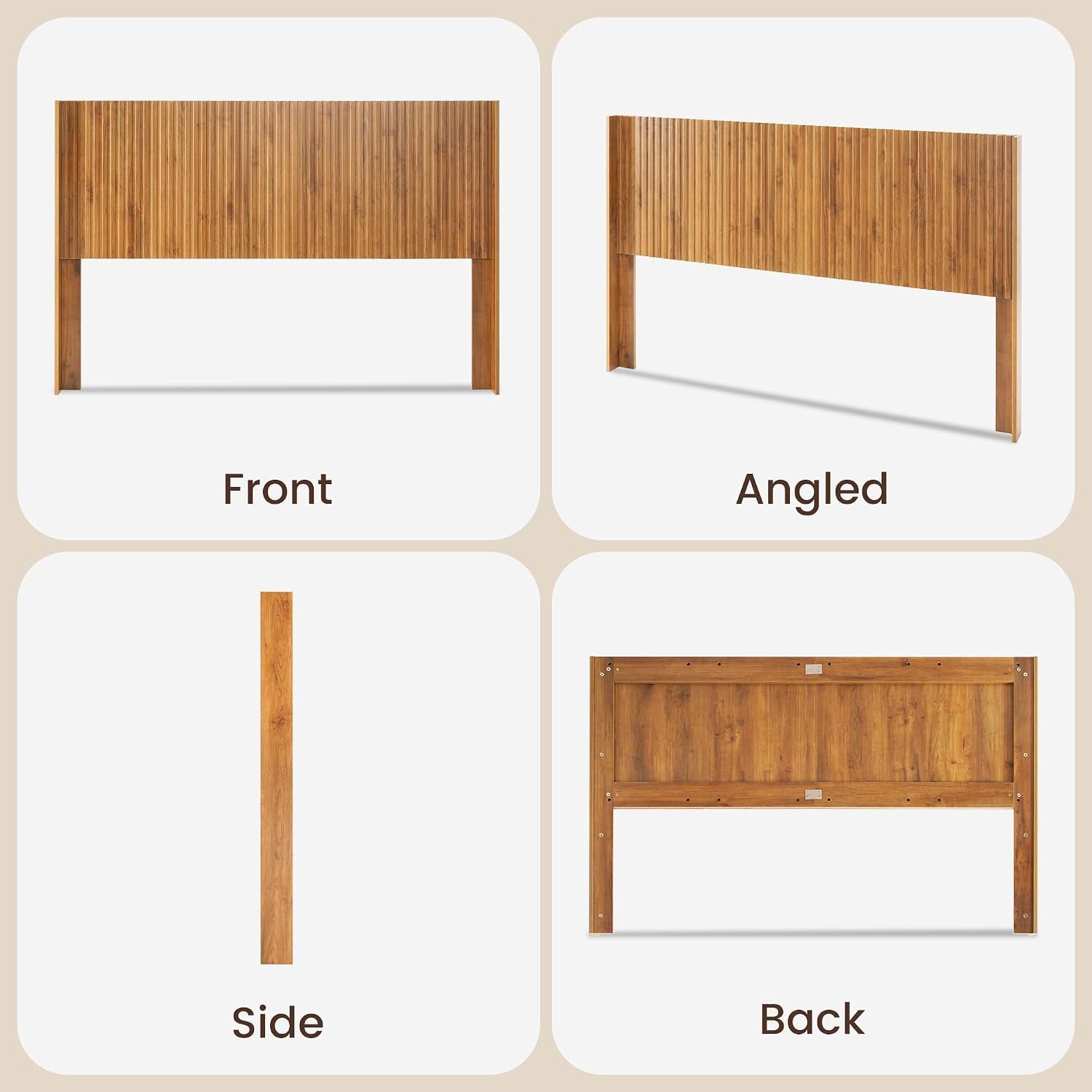 Four-panel layout showing front, angled, side and back views of the fluted headboard and its mounting frame