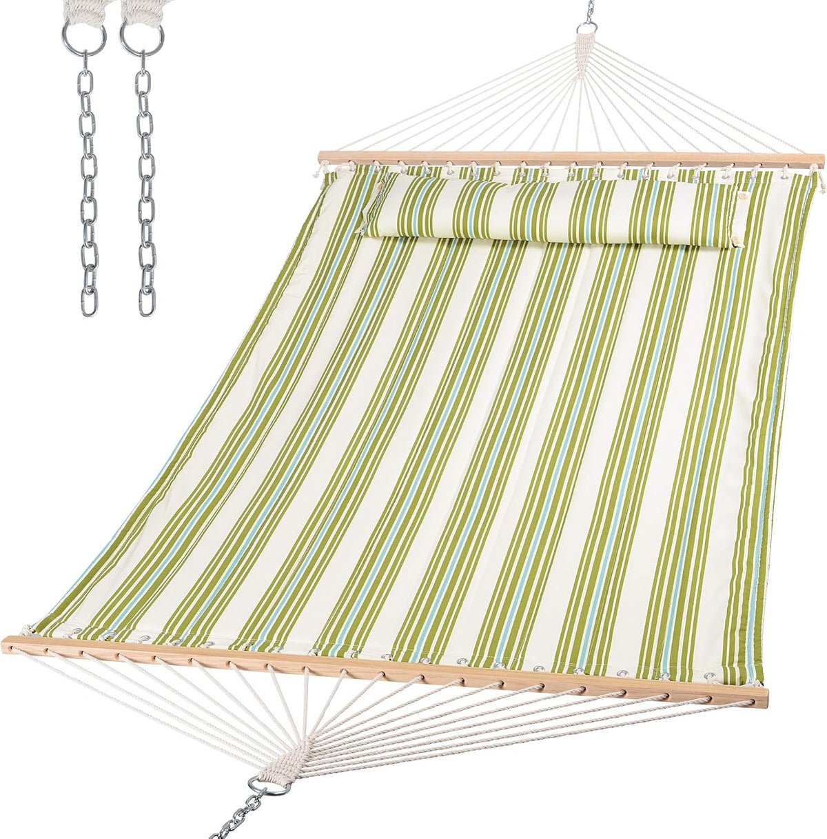 Green and white striped quilted hammock with matching bolster pillow and hanging chains shown separately.