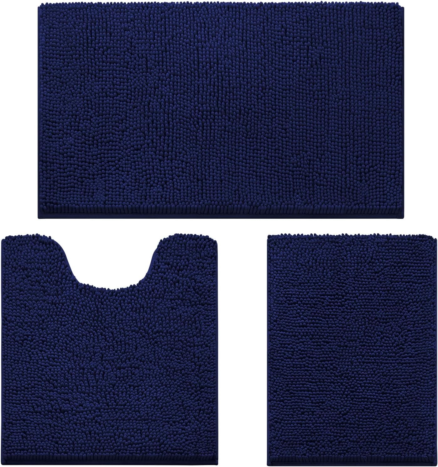 Flat lay of a three-piece navy chenille bath rug set: large rectangle, U-shaped toilet mat, and small rectangle.