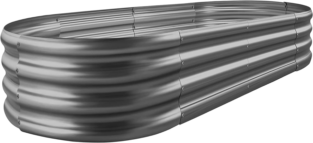 Oval galvanized metal raised garden bed shown empty from a front corner angle