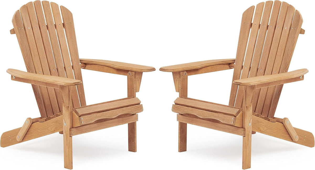 Pair of natural finish wooden Adirondack chairs shown side-by-side on a white background at a slight front angle