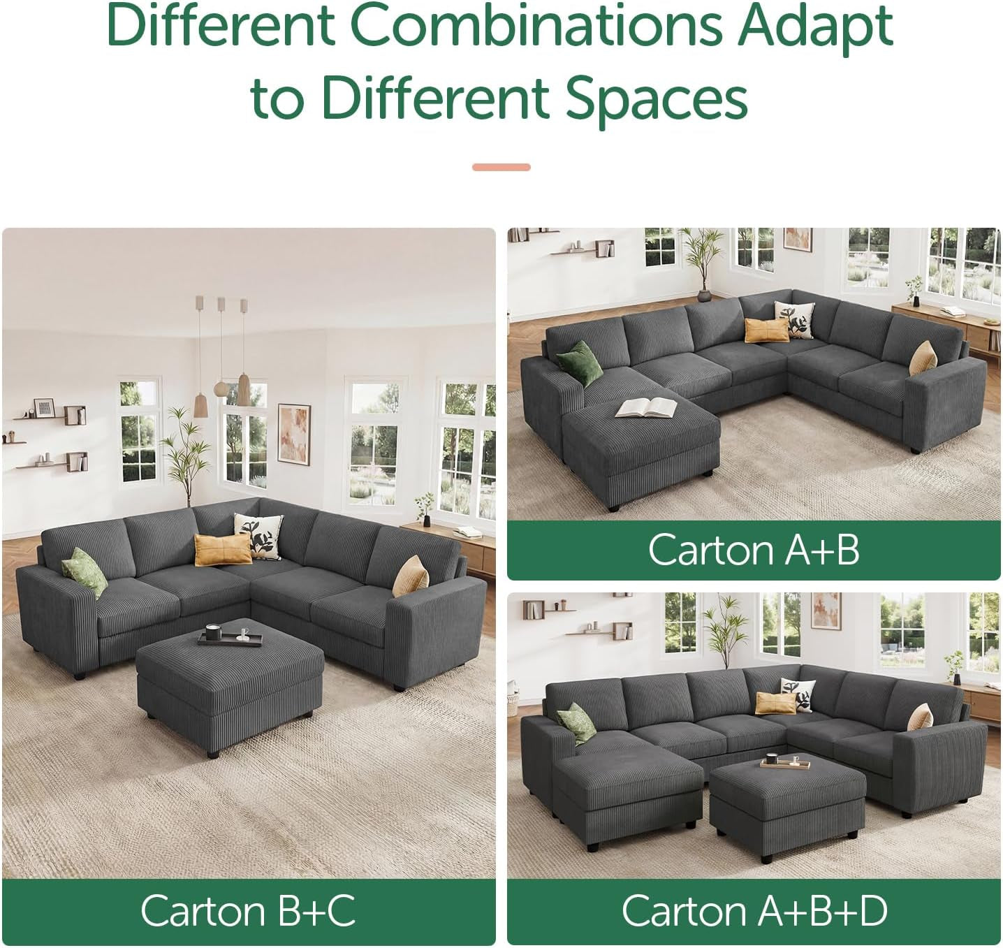 Sectional Sofa, 6 Seater L-Shaped Sectional Couch with Storage Ottoman for Living Room, Dark Grey