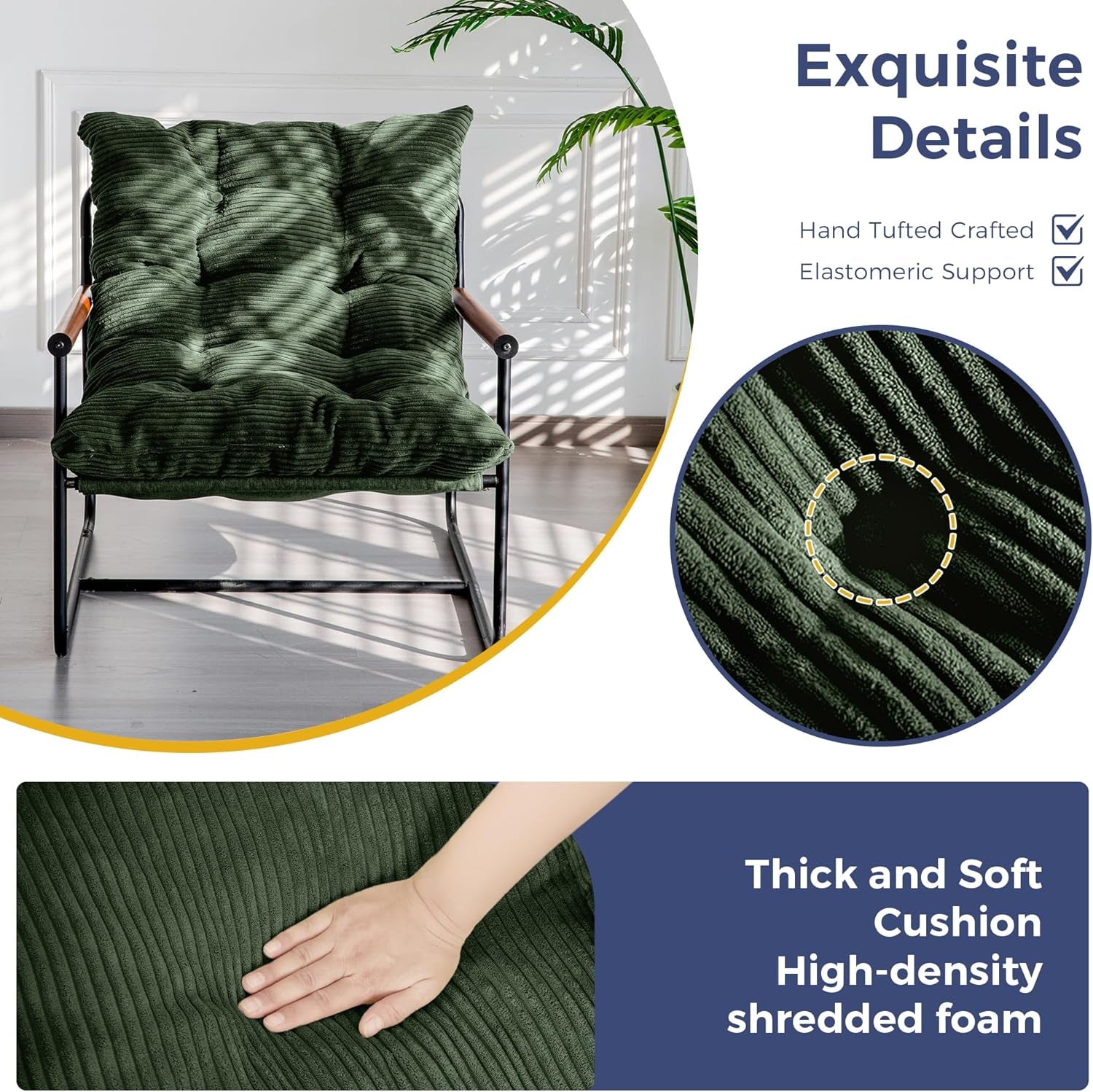 Front view of tufted corded-fabric cushion with close-up inset of fabric texture