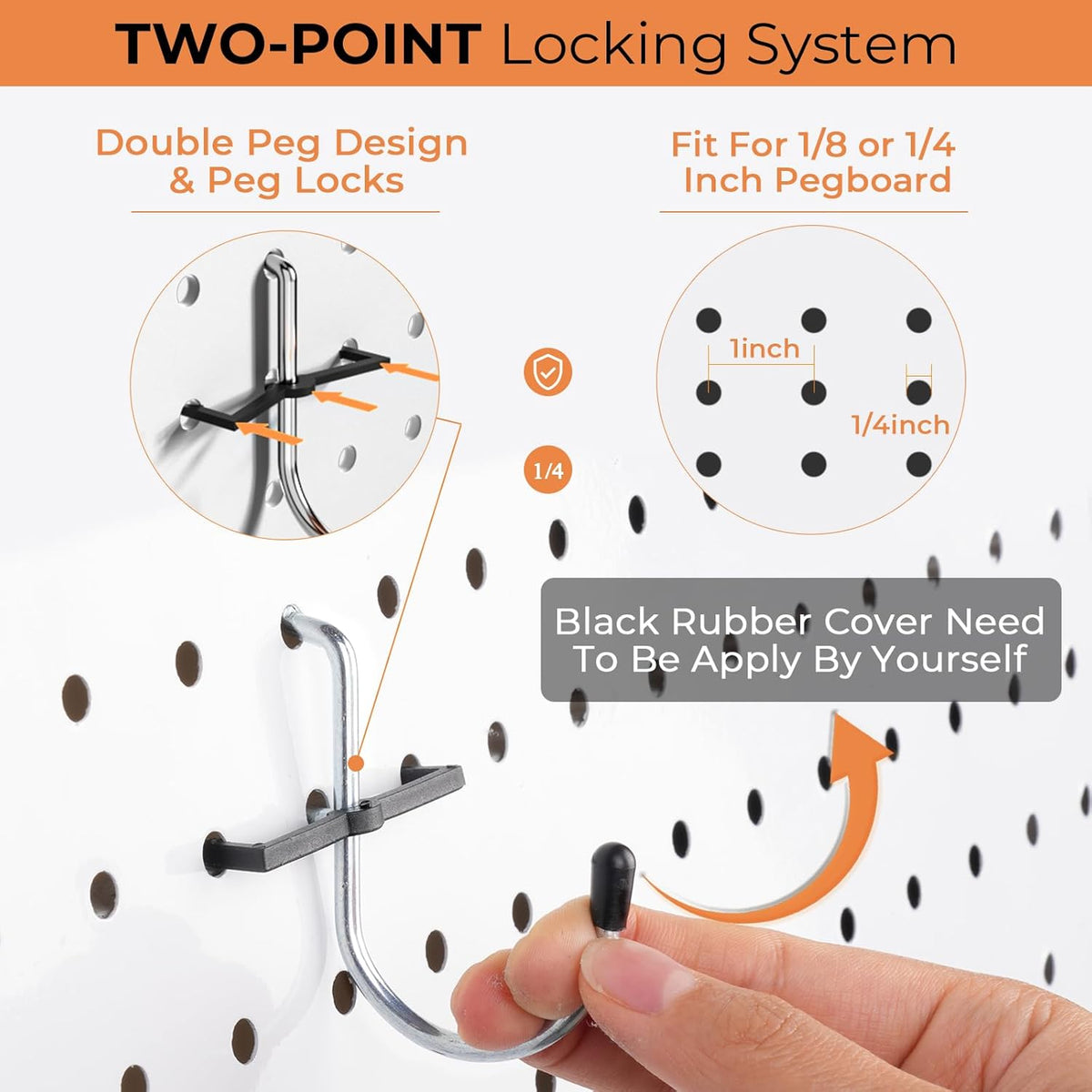 Close-up of a metal peg hook installed in a white pegboard while a hand presses a small black rubber cap onto the hook tip.