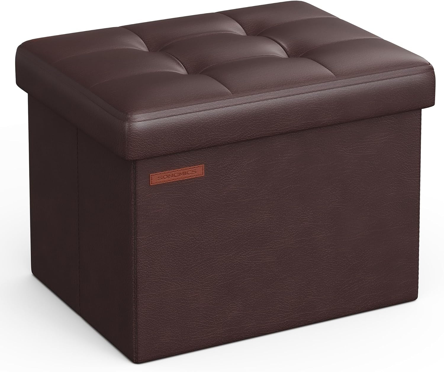 Coffee-brown rectangular storage ottoman with tufted top and smooth synthetic leather sides