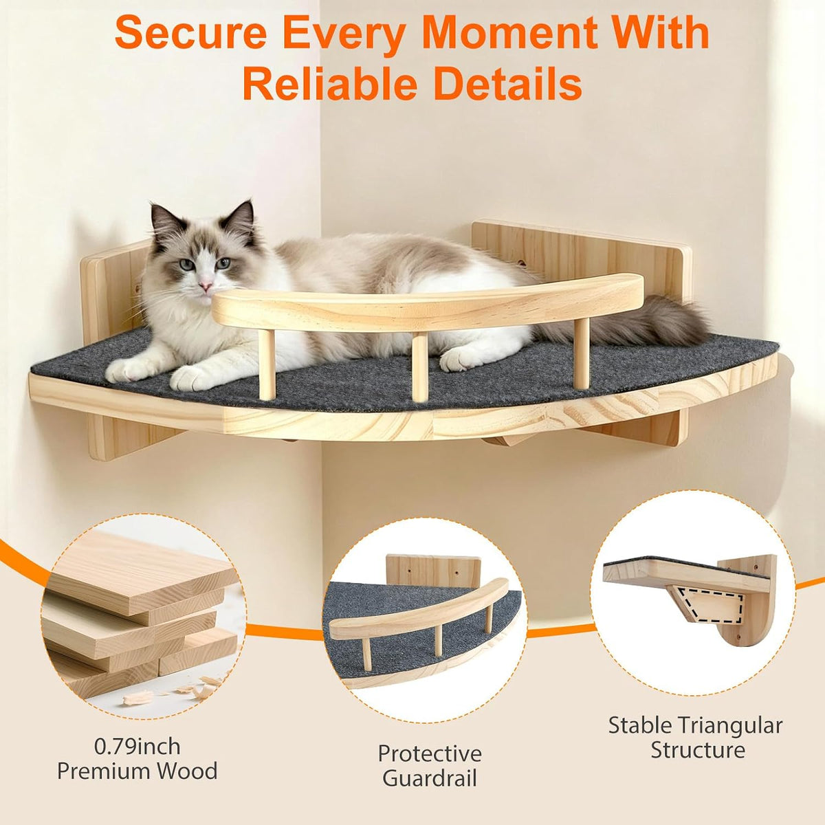 Close-up of corner bed platform in natural wood with protective front guard and grey felt mat, angled view with cat
