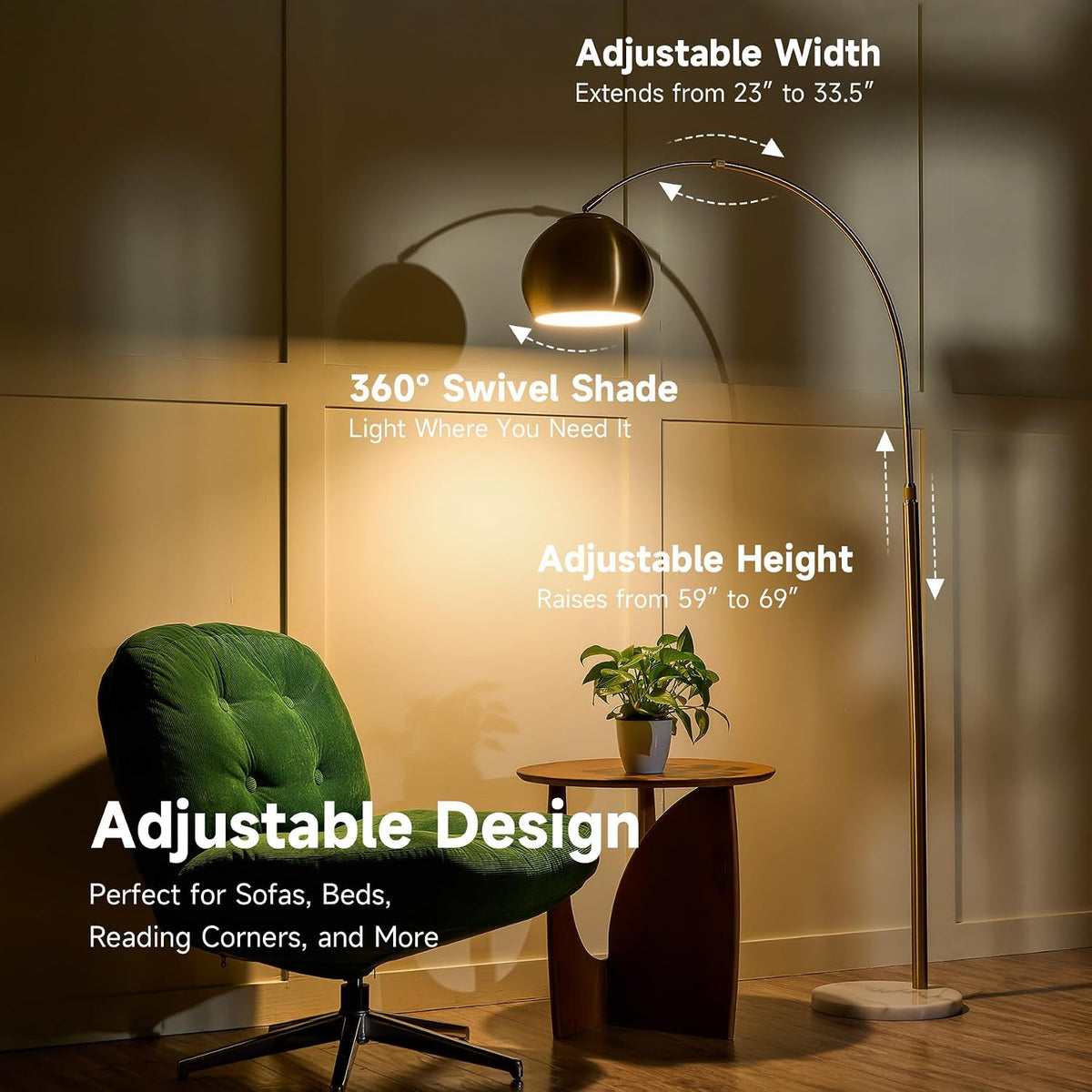Lit gold arc floor lamp showing adjustable height and curved arm over a chair in a warm room