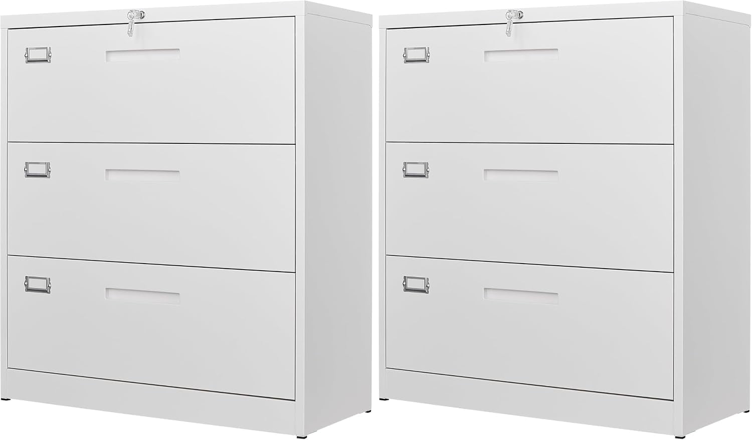 Two identical white metal filing cabinets side by side shown front-on against a white background.