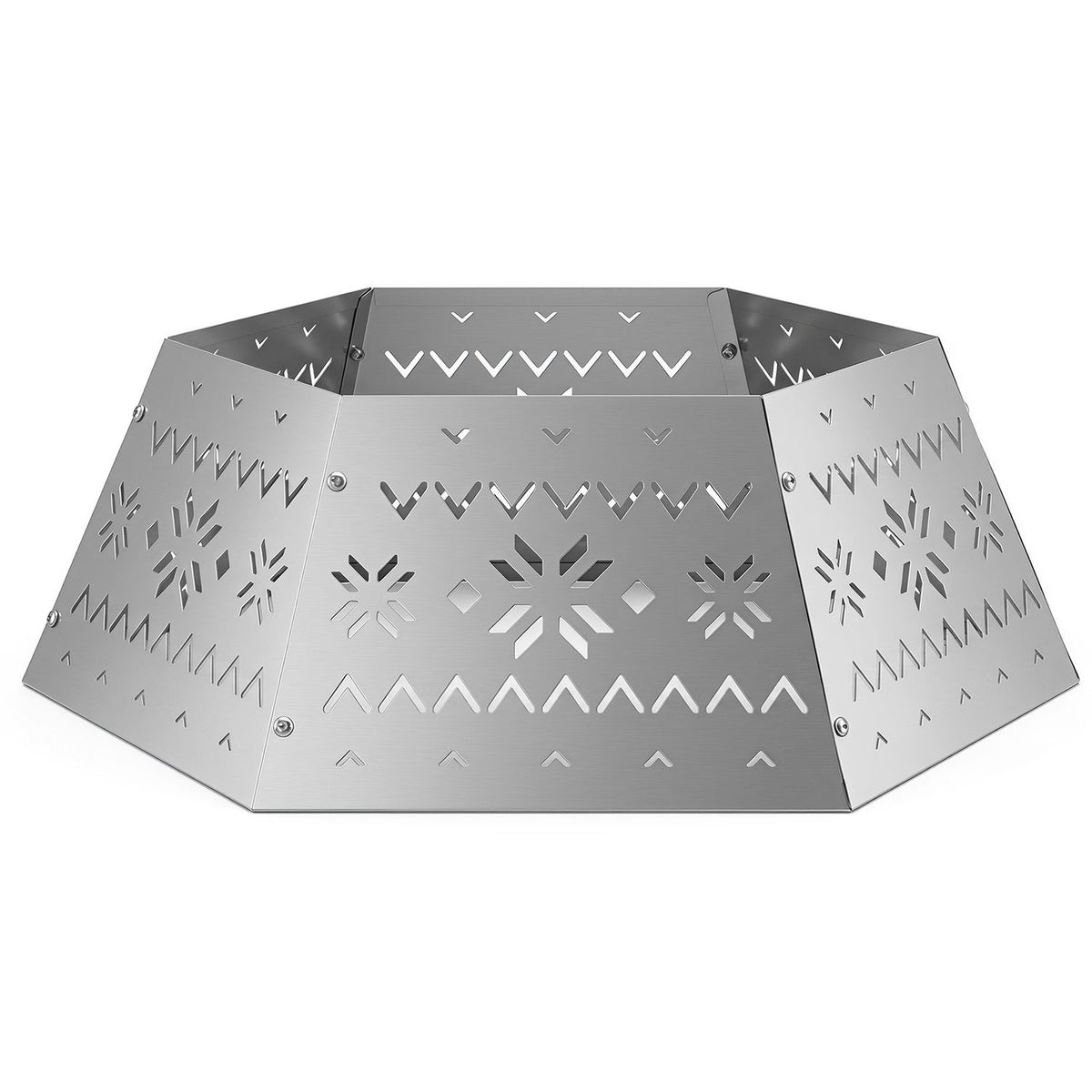 Open silver hexagonal tree collar with snowflake and chevron cutouts on a white background.