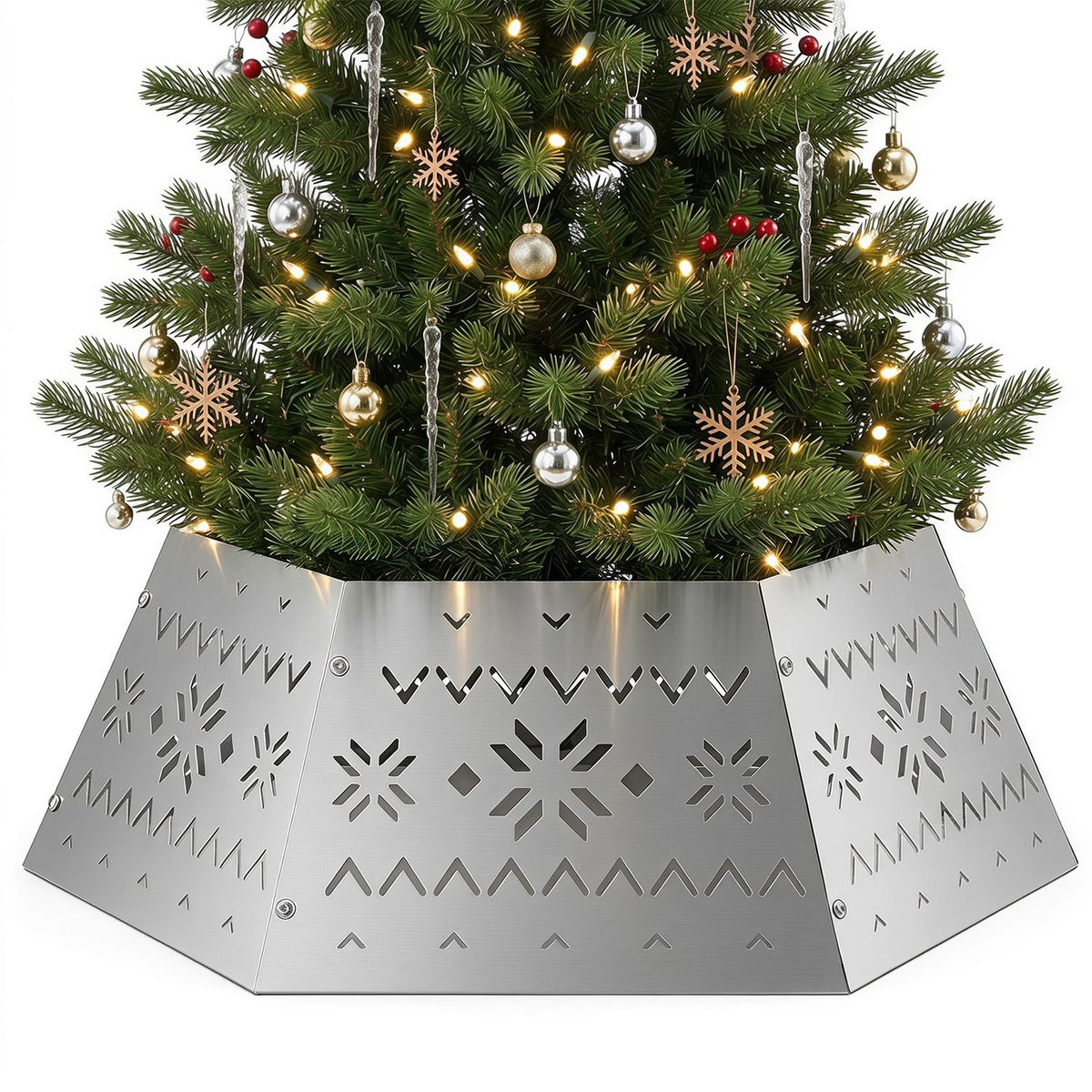 Silver cutout tree collar surrounds the base of a decorated Christmas tree.
