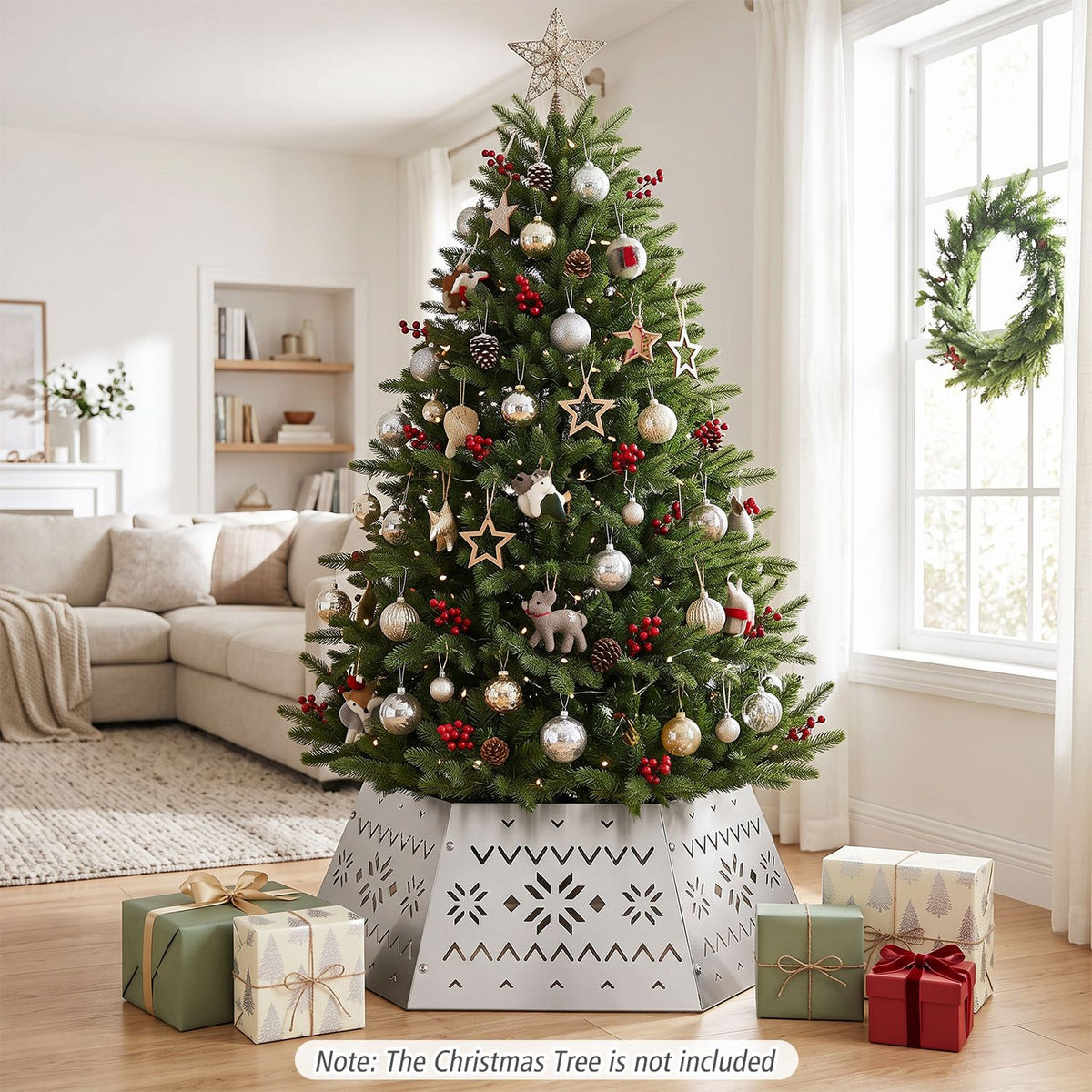 Decorated Christmas tree stands in a patterned silver collar beside wrapped gifts in a bright living room.