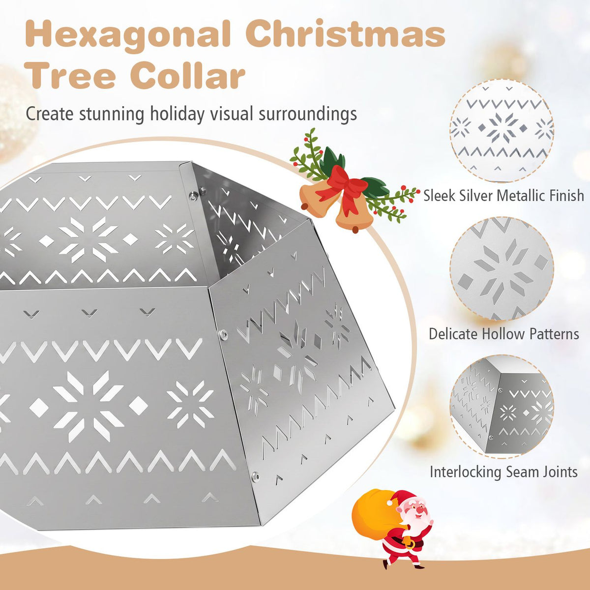 Silver faceted tree collar shown close up with circular detail insets of its cutout patterns and seams.