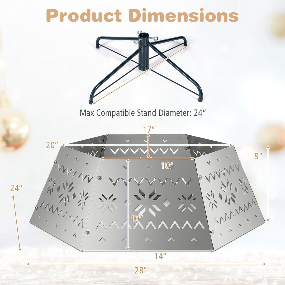 Silver hexagonal tree collar shown with measurement arrows and a compatible tree stand above it.