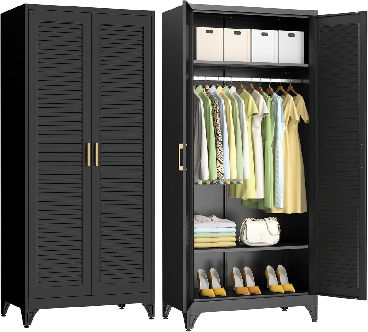 Black louvered two-door metal wardrobe, one closed and one open showing hanging clothes, shelves and shoes