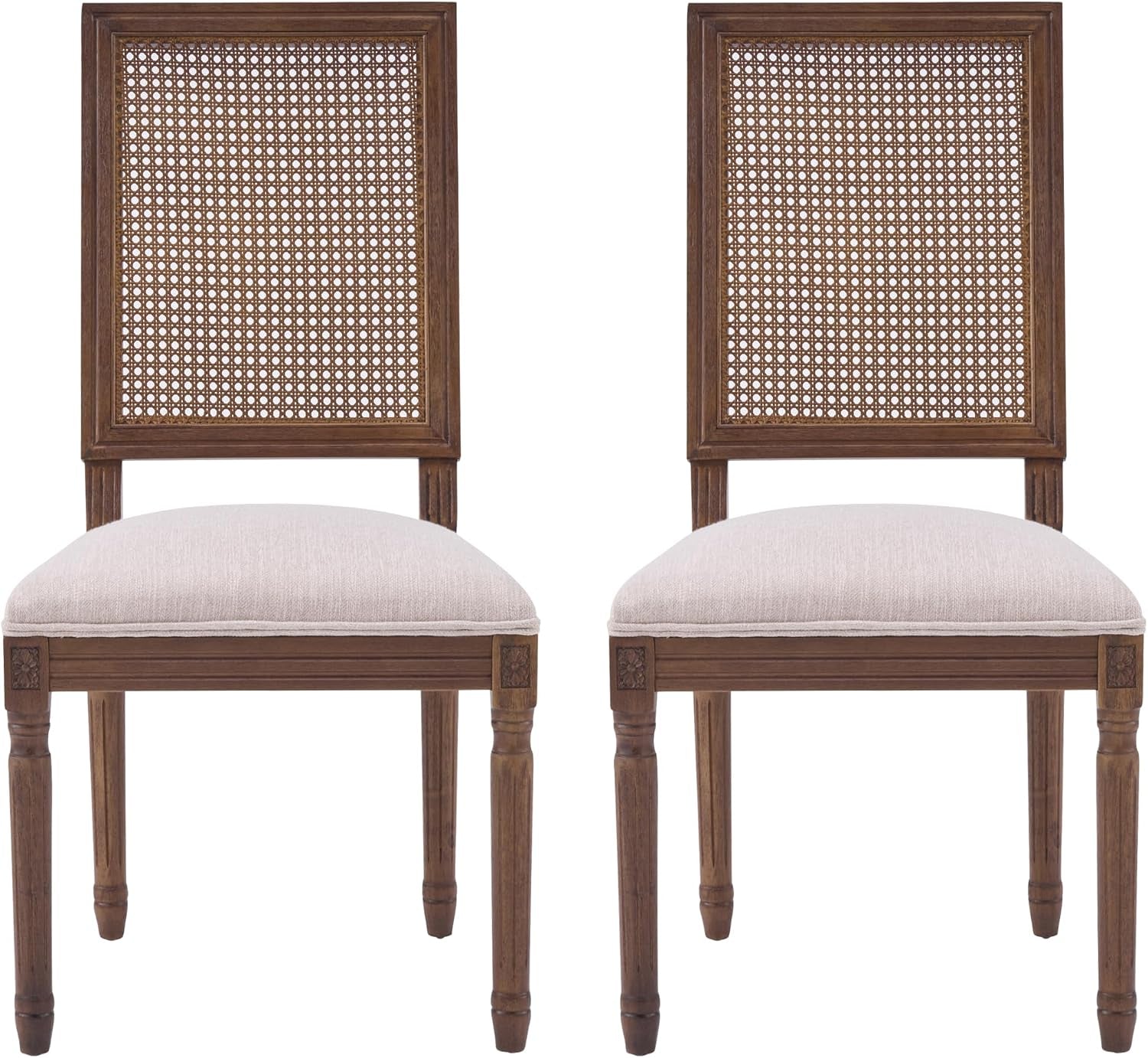 Front-facing view of two matching cane-back dining chairs on a white background
