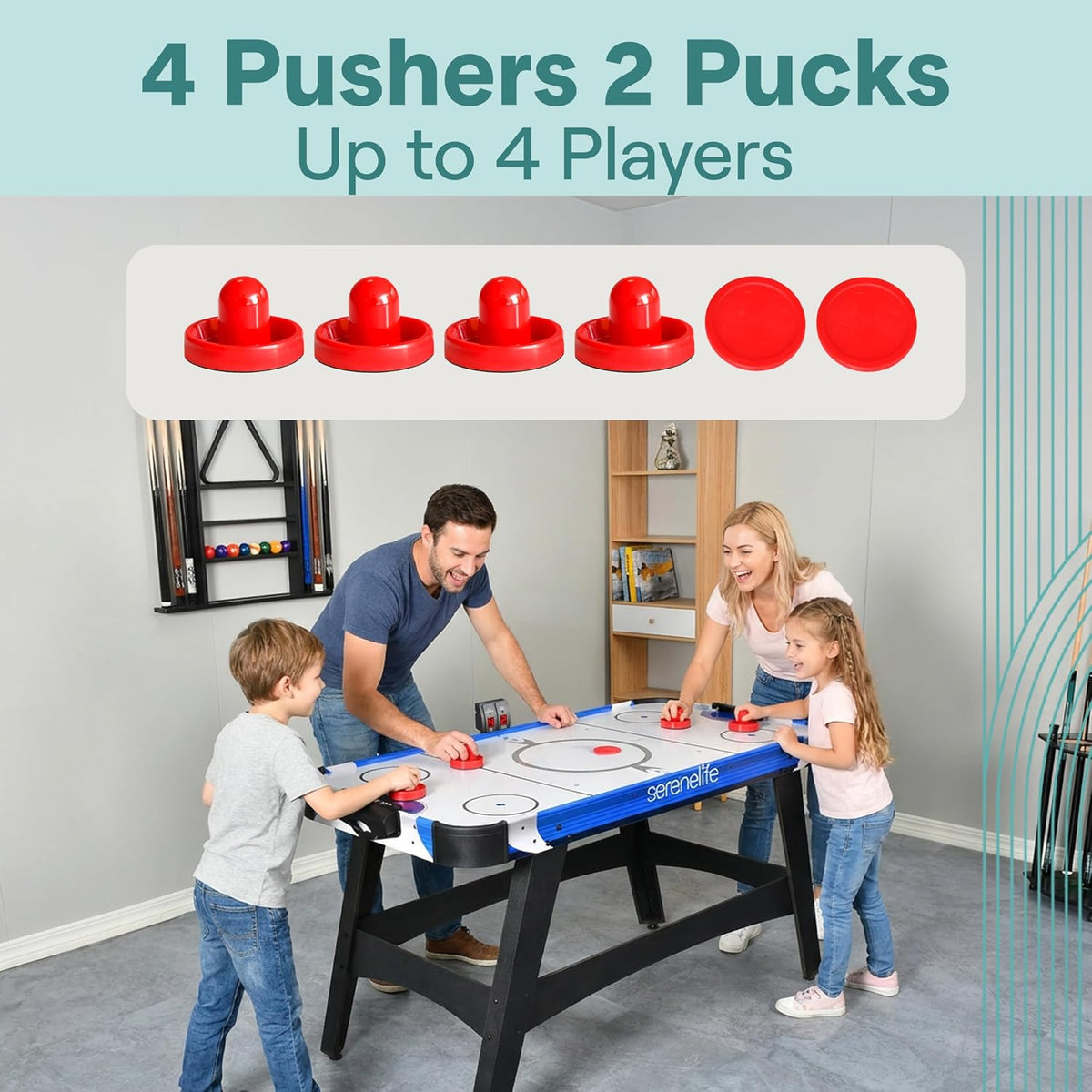 Family of four playing at blue-trim air hockey table with four red pushers displayed above scene