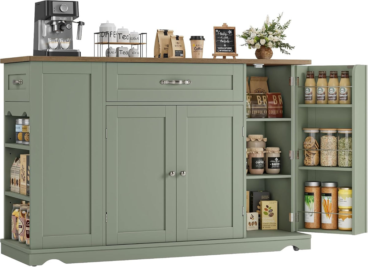 Front view of sage green island cart with wood top, coffee accessories on top and right door open revealing metal door rails