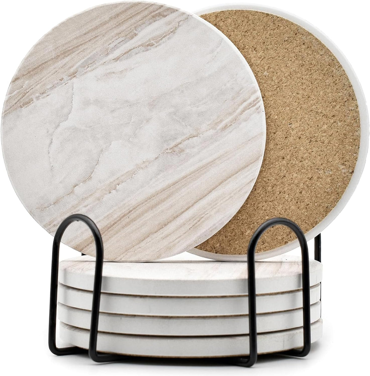 Stack of round white marble-pattern ceramic coasters seated in a black metal holder with one coaster showing a cork back pad
