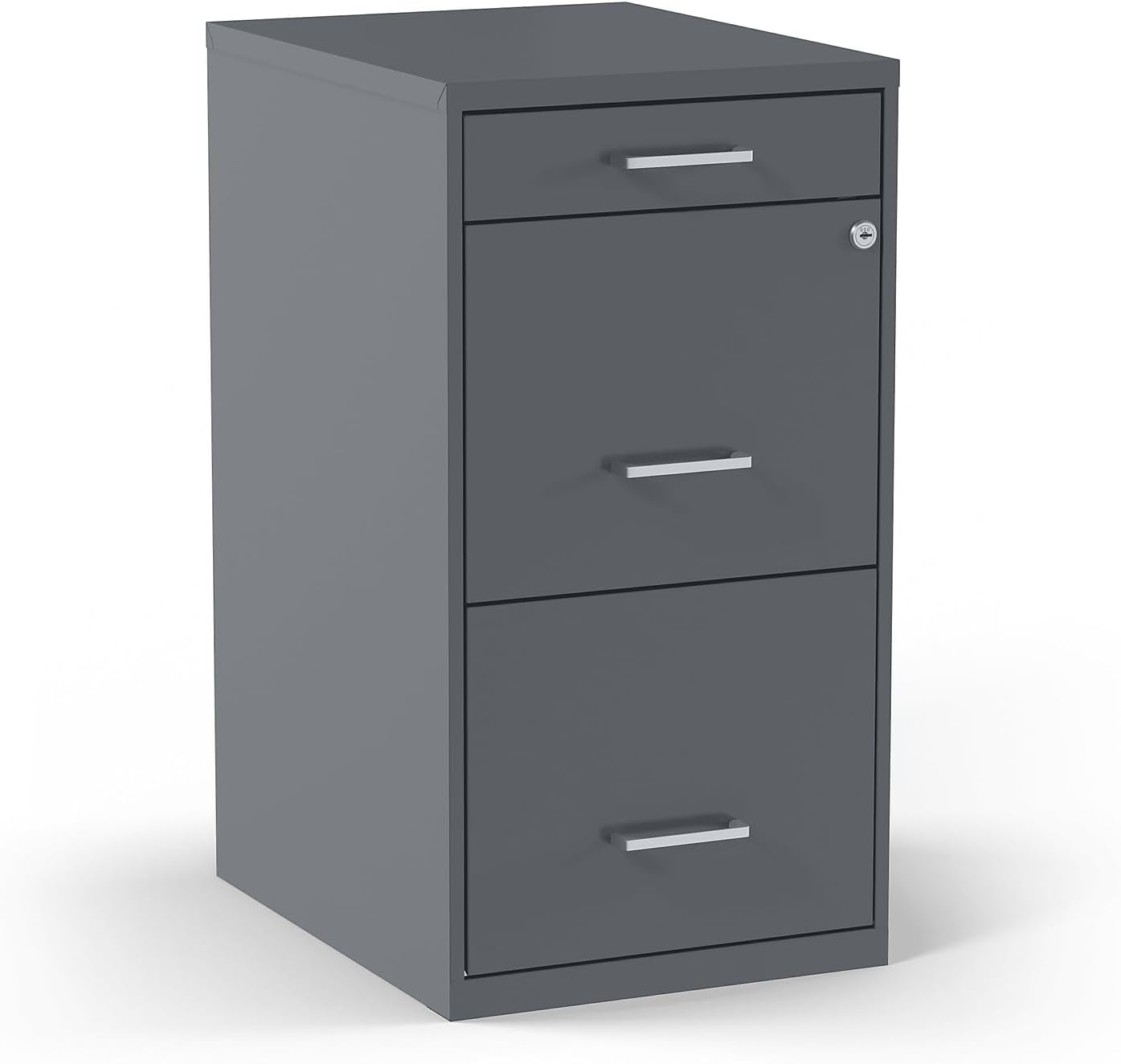 Charcoal three-drawer vertical file cabinet with slim chrome handles on a white background.