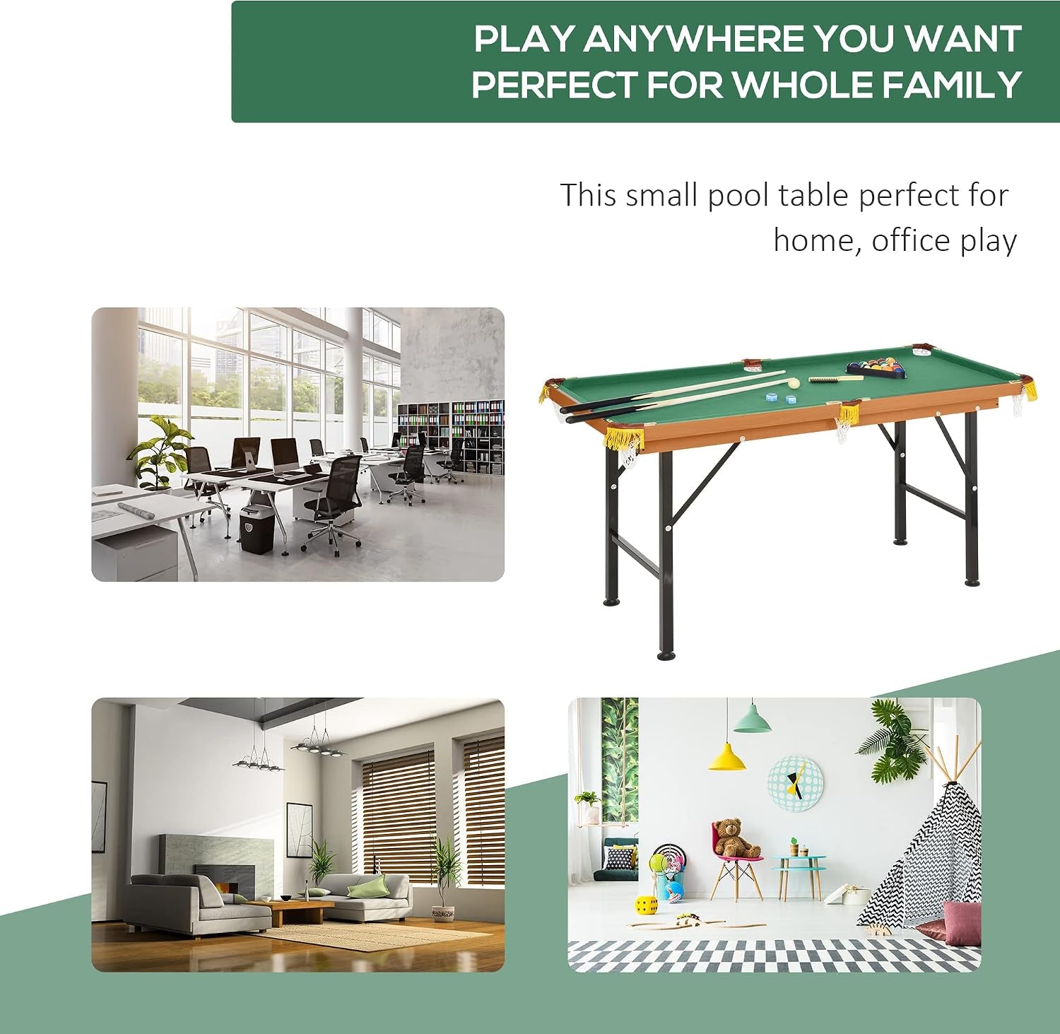 Lifestyle collage showing the mini pool table placed in living room, office and playroom settings