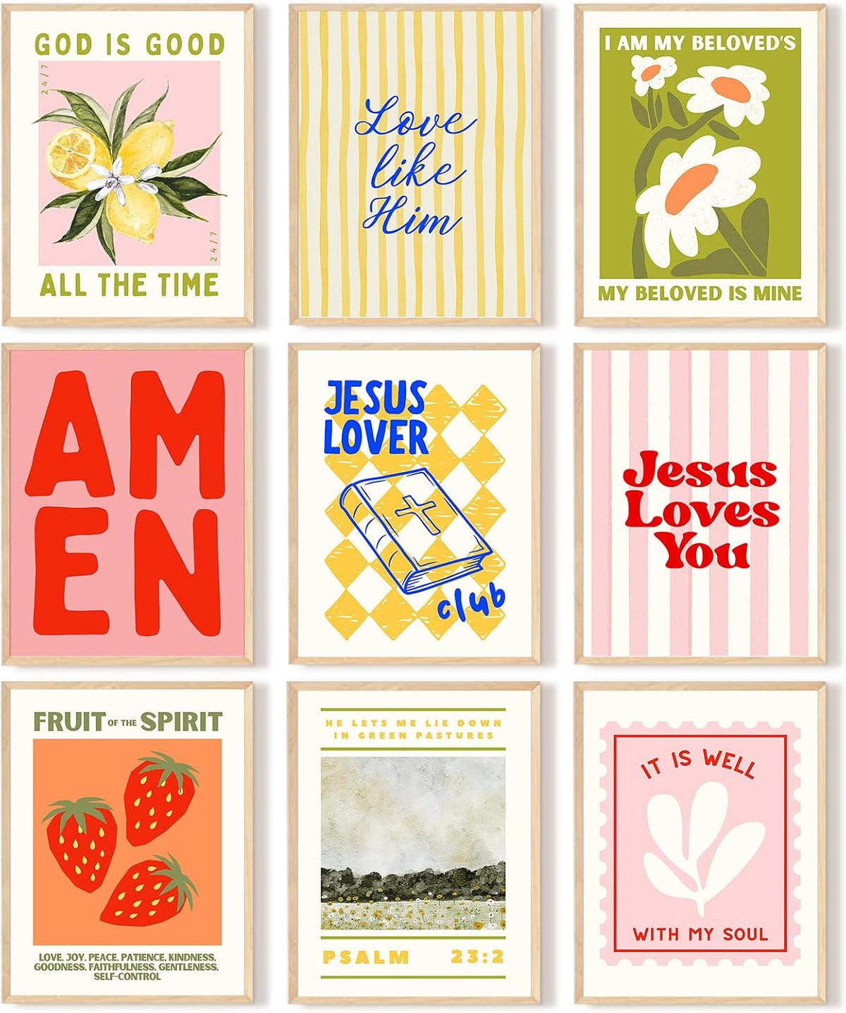 Nine small framed prints arranged 3x3 featuring colorful typography, fruit, flowers and scripture-style designs.